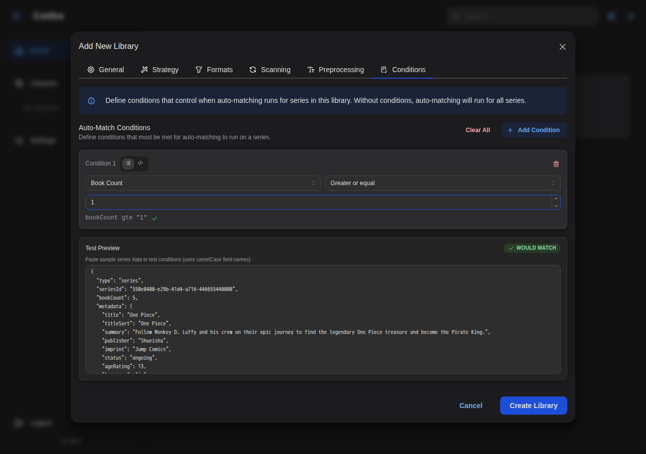 Add Library - Conditions Settings
