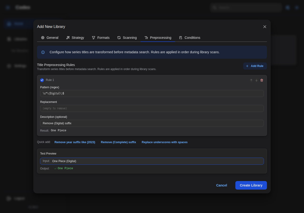 Add Library - Preprocessing Settings