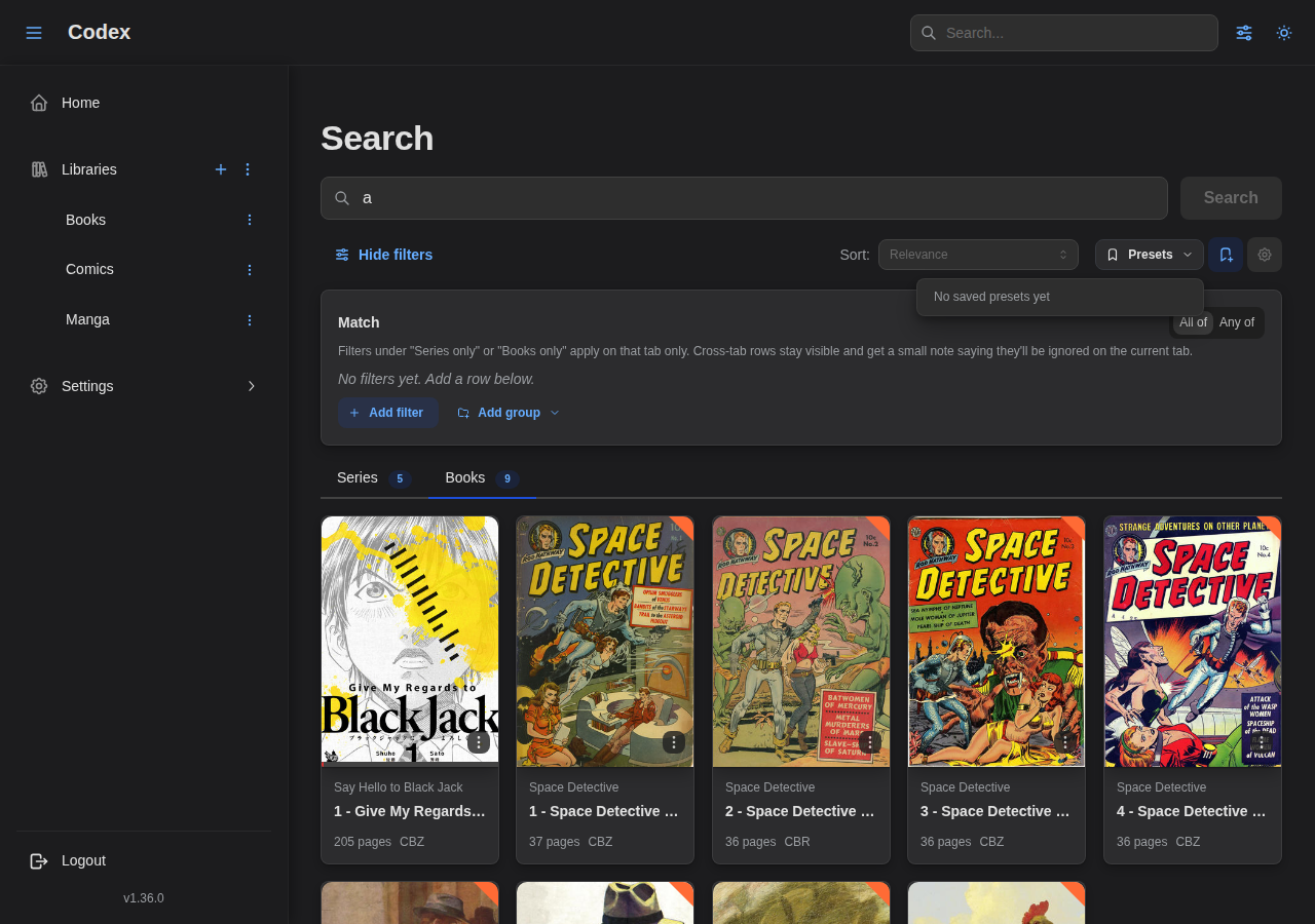 Presets menu on the advanced search page